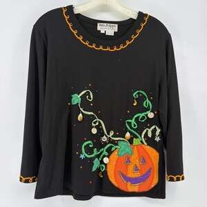 Jack B Quick Halloween Sequin Jack-o’-lantern Black Pullover Sweater Size L